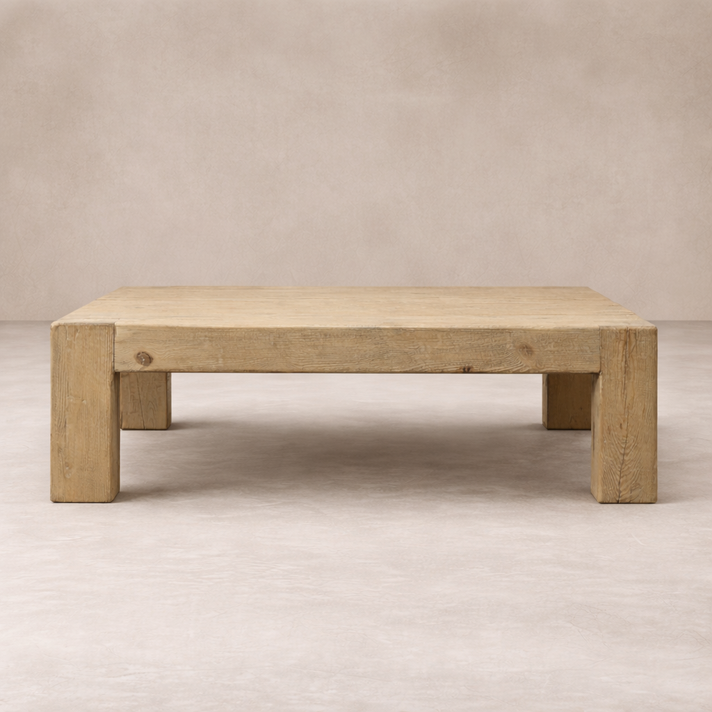 Front view of the Como Vintage Elm Coffee Table showcasing its rustic wood finish and sturdy design.