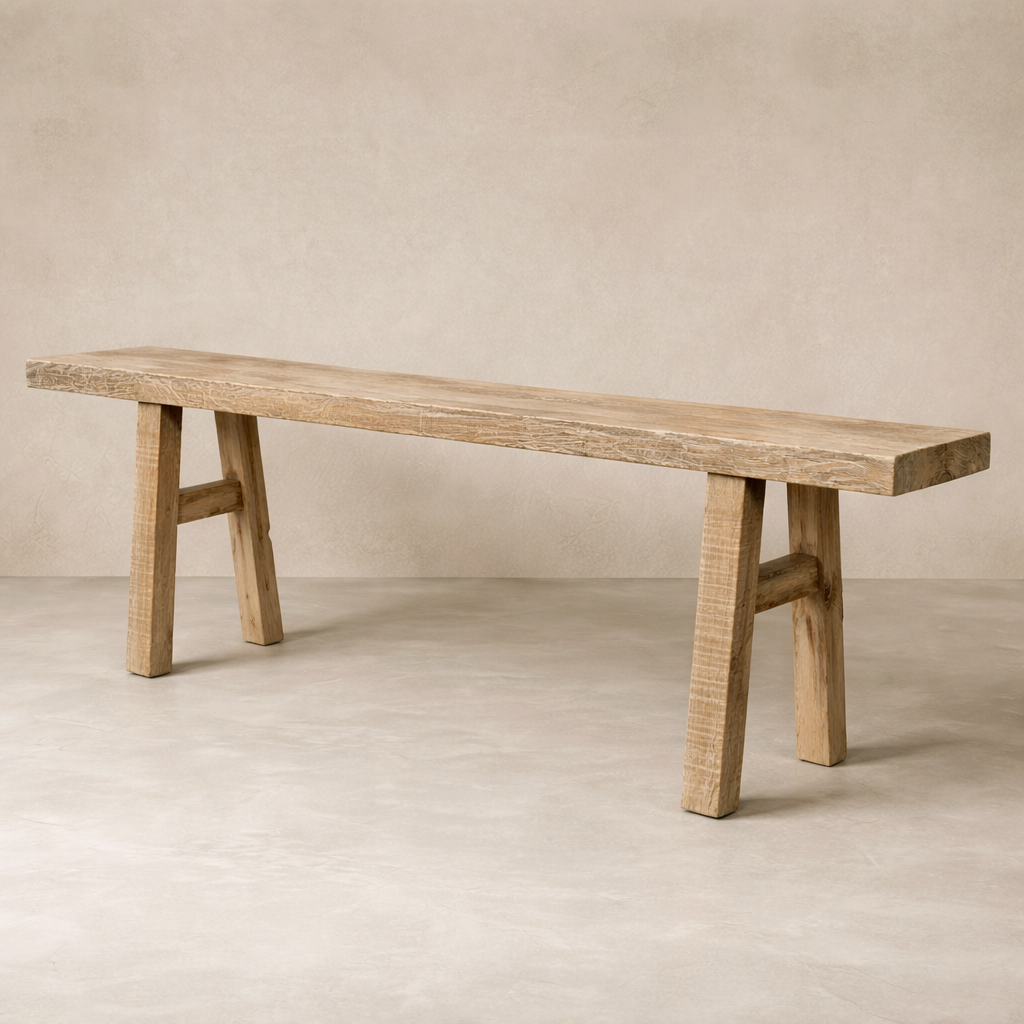 Front view of the Wisteria Vintage Elm Console Table showcasing its rustic design and sturdy legs.
