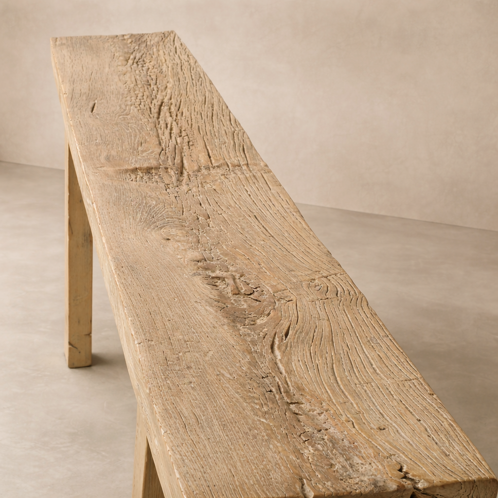Close-up of the Wisteria Vintage Elm Console Table highlighting its rustic, textured wood surface.