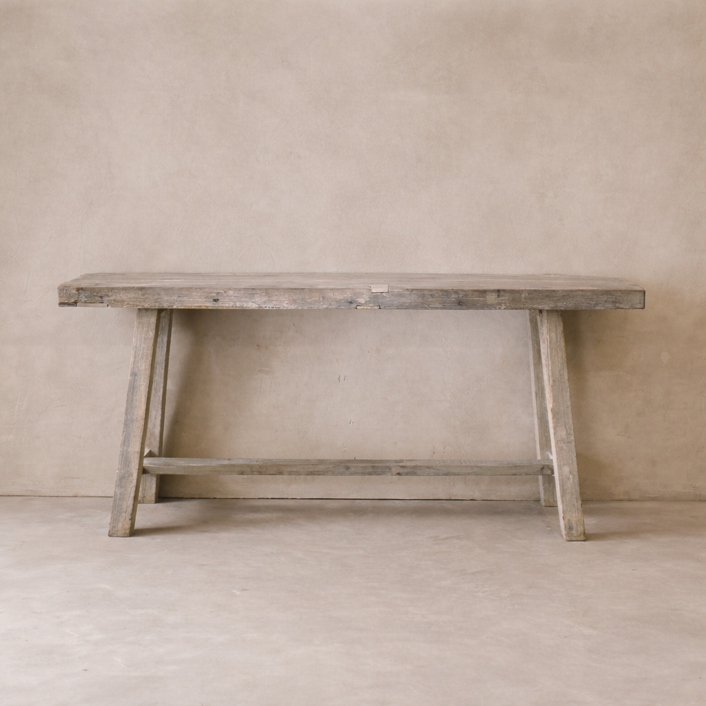 Front view of the Rioja Vintage Teak Console Table showcasing its rustic wood finish and sturdy design.