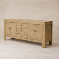 Front view of the Bruna Weathered Sideboard in a natural wood finish, showcasing its rustic charm and ample storage.
