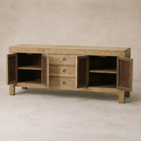 Front view of the Bruna Weathered Sideboard showcasing its rustic wood finish and ample storage space.