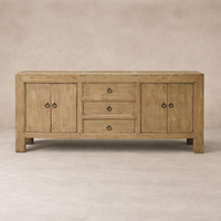 Front view of the Bruna Weathered Sideboard showcasing its rustic wood finish and ample storage options.