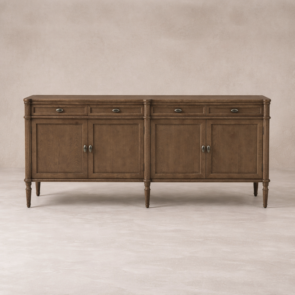 Front view of the Yara Sideboard in warm wood finish, featuring sleek hardware and classic design.