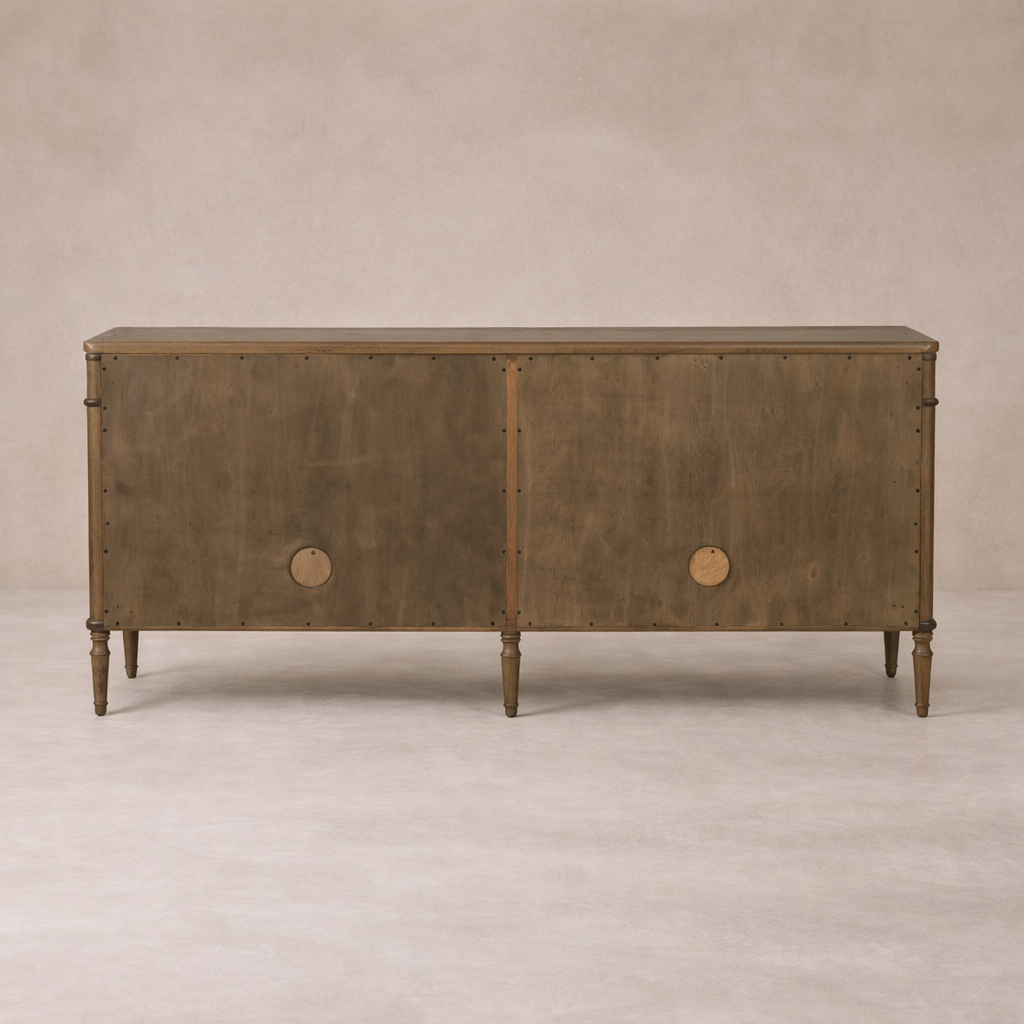 Front view of the Yara Sideboard featuring a rustic wood finish and round hardware accents.