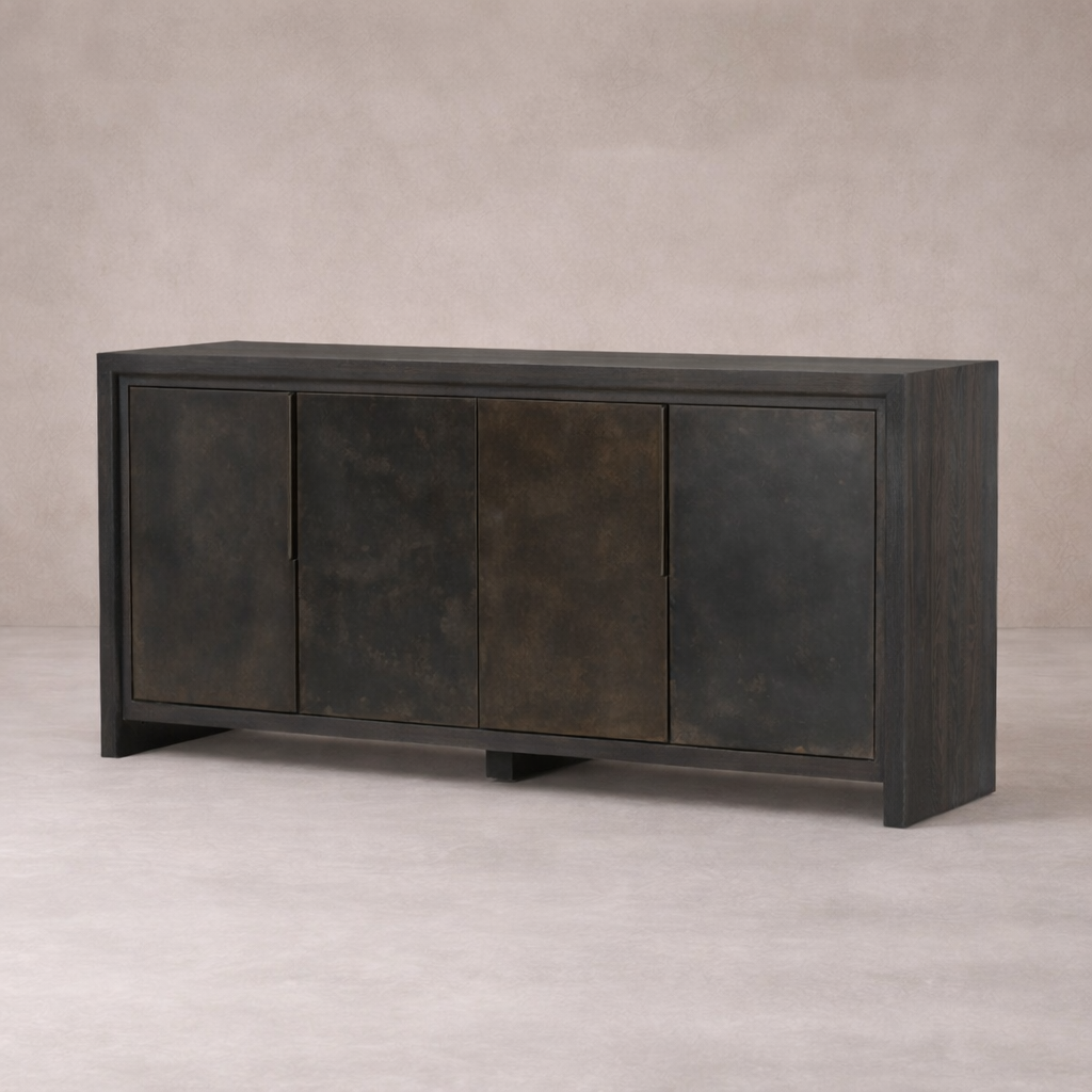 Front view of the Lazuli Sideboard showcasing a sleek dark finish and minimalist design.