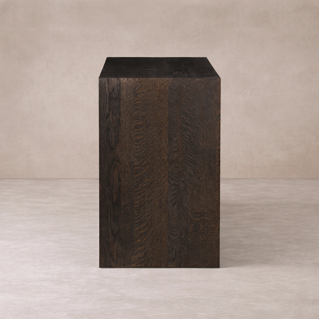Front view of the Lazuli Sideboard in dark wood, showcasing its sleek, minimalist design.