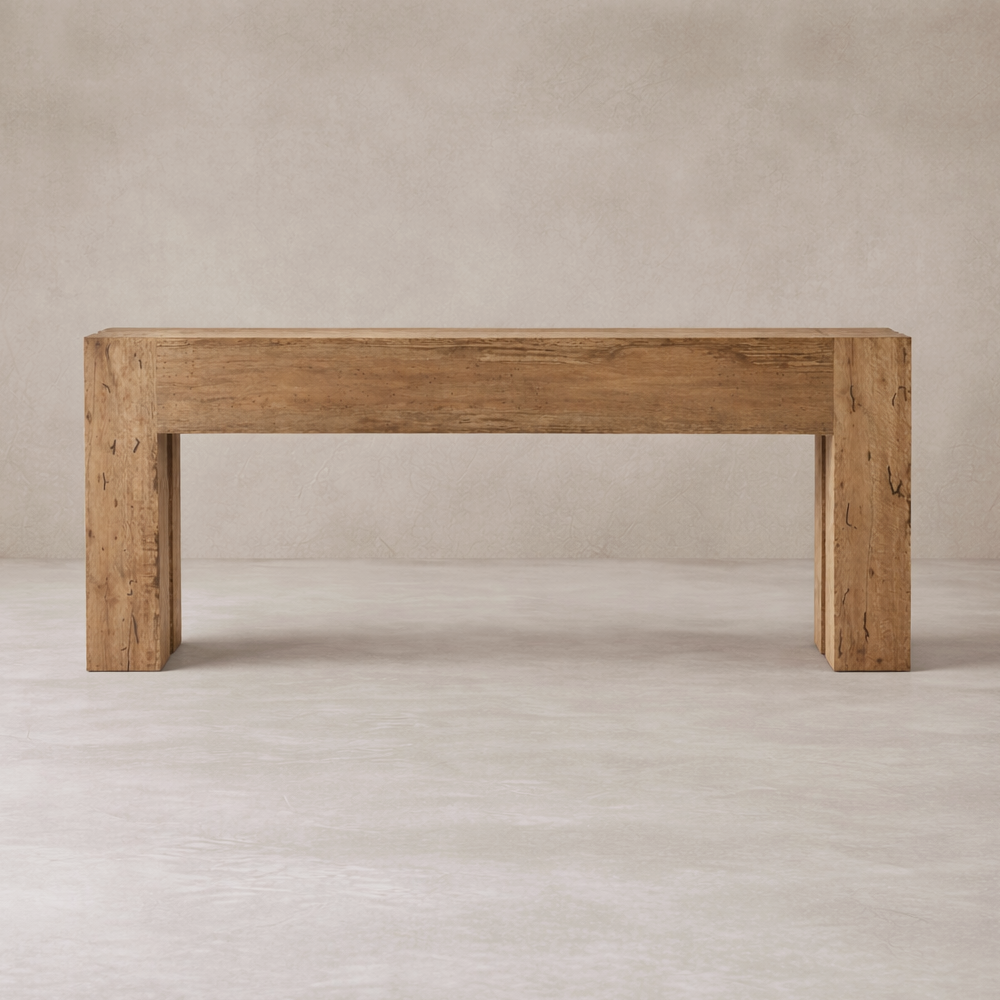 Front view of the Brisa Console Table, showcasing its rustic wood finish and minimalist design.