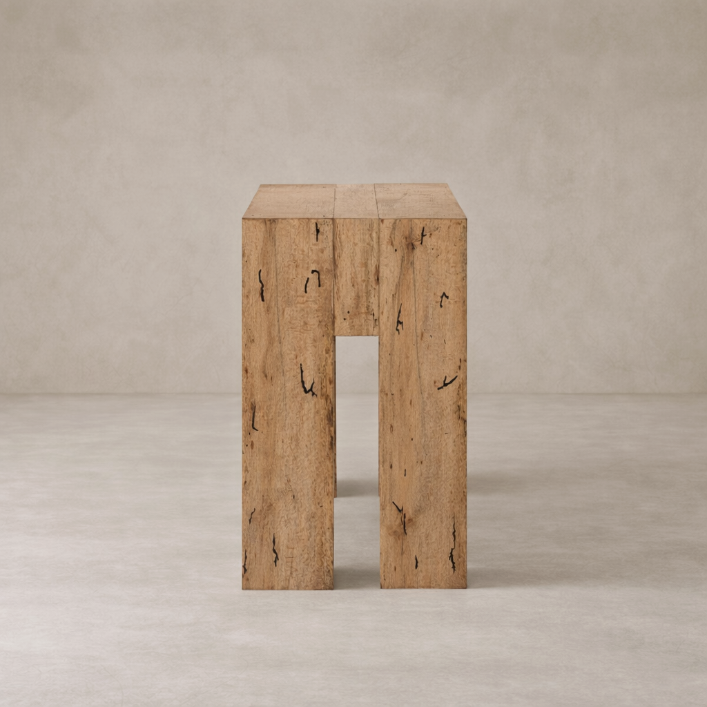 Front view of the Brisa Console Table showcasing its unique natural wood grain and minimalist design.