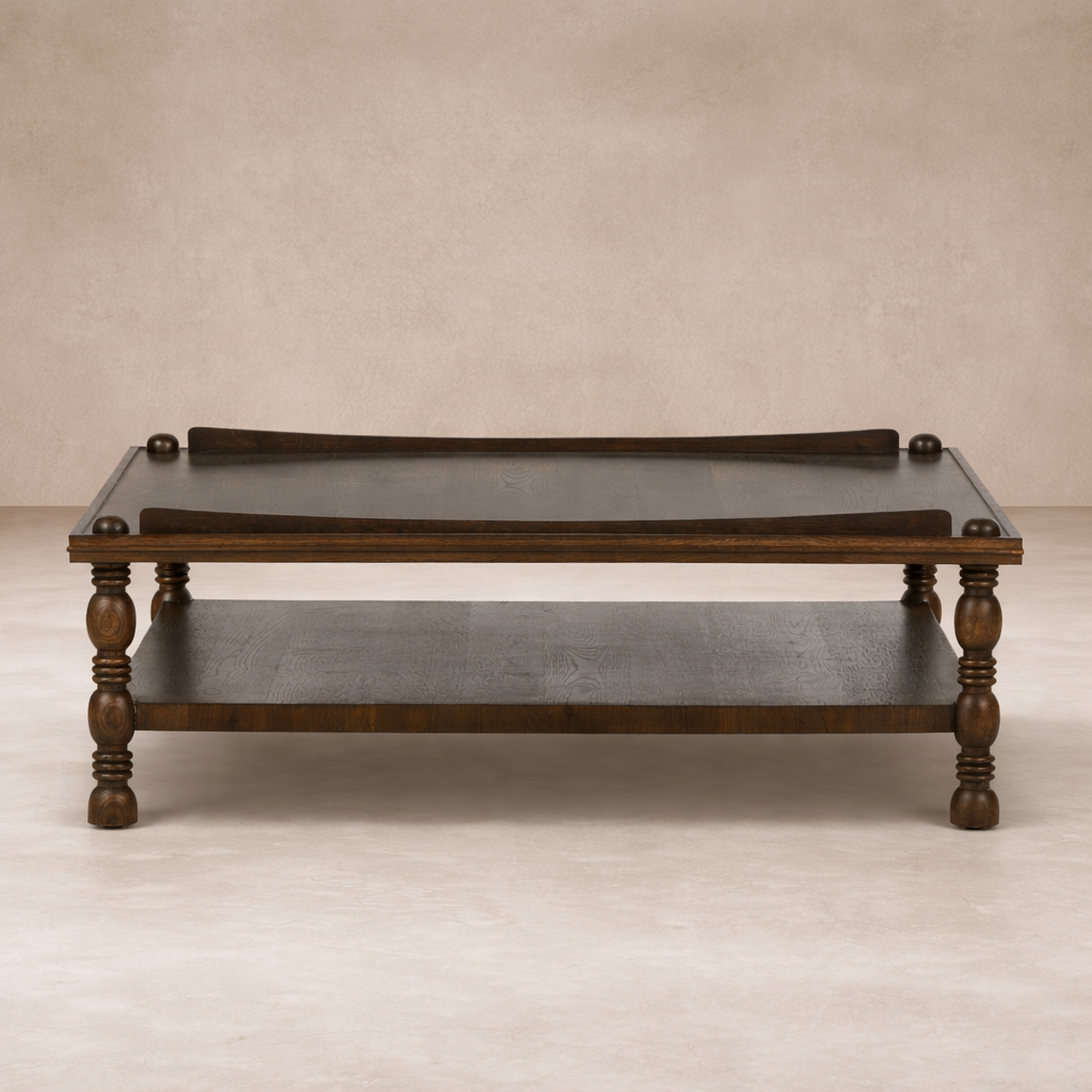 Front view of the Zephyr Coffee Table, showcasing its rich wood finish and elegant turned legs.