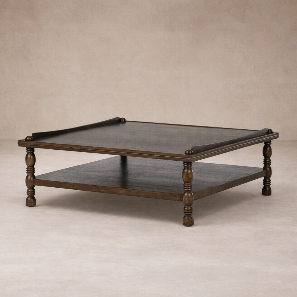 Three-quarter view of the Zephyr Coffee Table, featuring a dark wood finish and elegant turned legs.