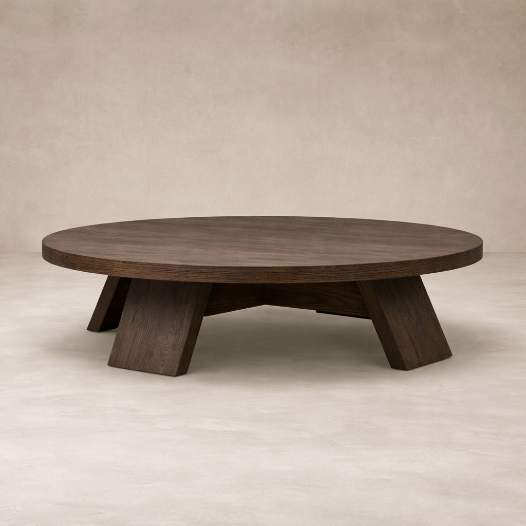 Close-up of the Juniper Coffee Table, showcasing its round shape and rich, dark wood finish.