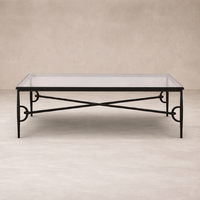 Front view of the Selene Coffee Table featuring a sleek glass top and elegant black metal frame.