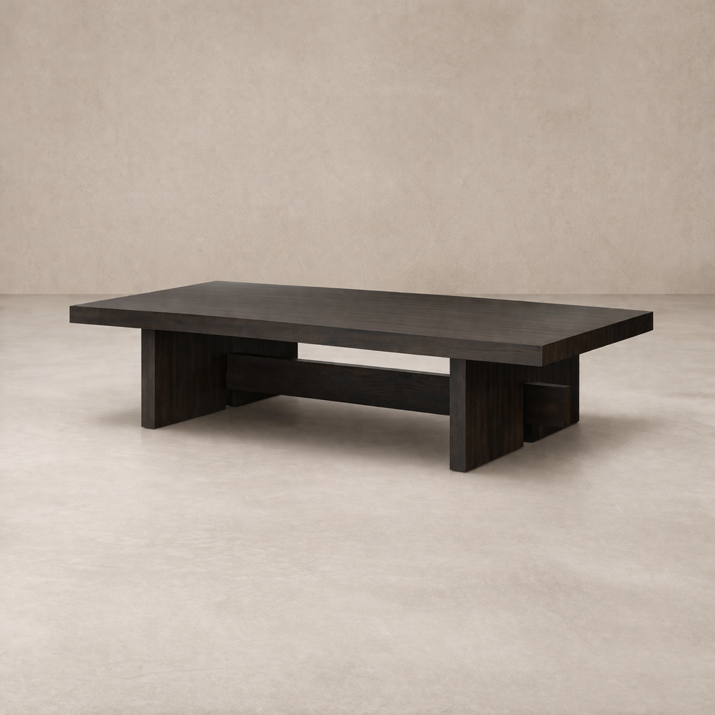Front view of the Arles Coffee Table showcasing its sleek, modern design in dark wood finish.