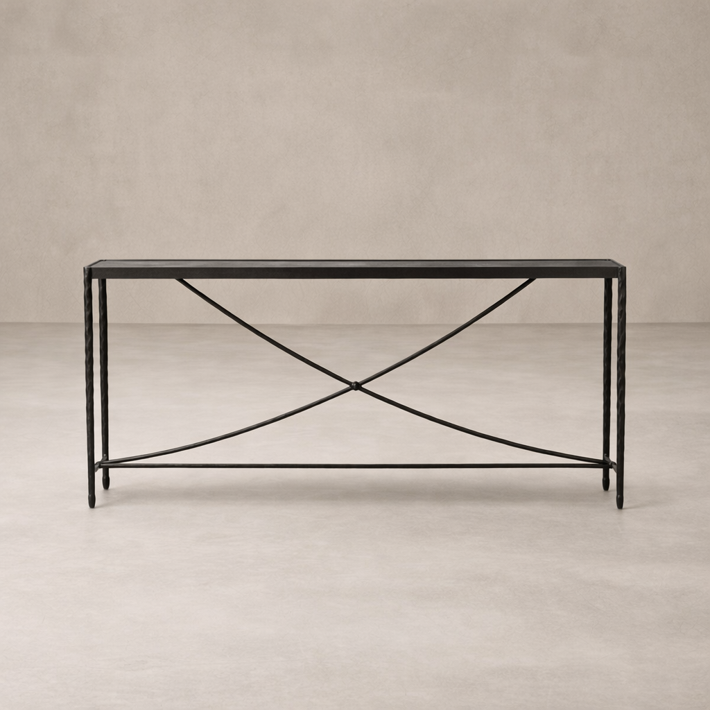 Front view of the Blythe Console Table showcasing its sleek black metal frame and elegant crossbar design.