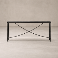 Front view of the Blythe Console Table showcasing its sleek black metal frame and elegant crossbar design.