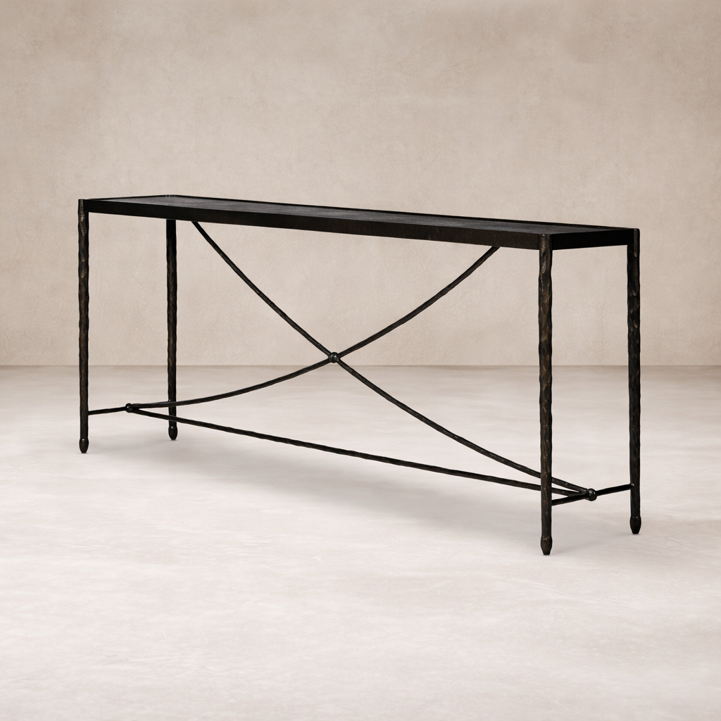 Side view of the Blythe Console Table featuring a sleek black finish and elegant crossbar design.
