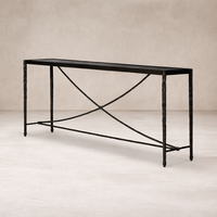 Side view of the Blythe Console Table featuring a sleek black finish and elegant crossbar design.