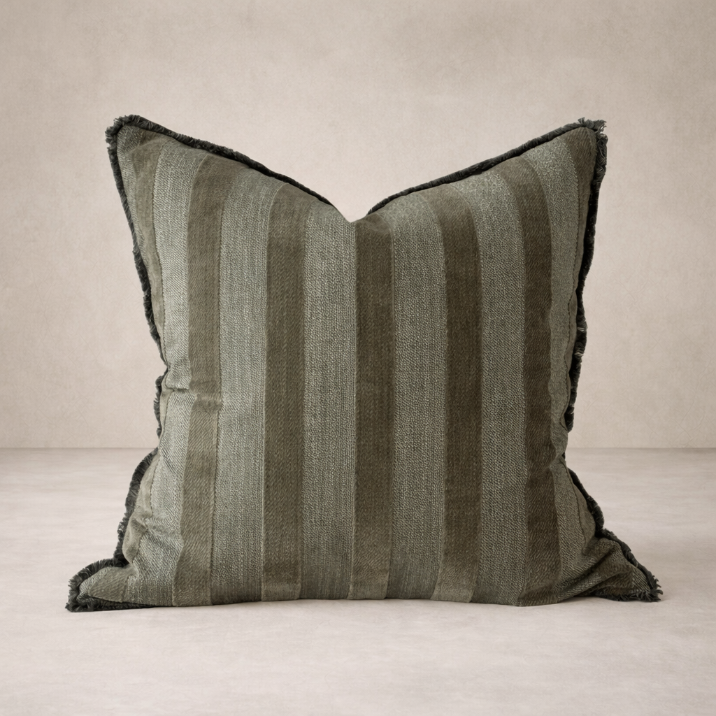 Front view of the Isla Striped Pillow in Olive, showcasing its textured fabric and rich green hues.