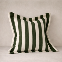 Close-up of the Orla Striped Pillow in Olive Green, featuring bold stripes and a textured finish.