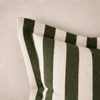 Close-up of the Orla Striped Pillow in Olive Green, highlighting its textured fabric and bold stripes.