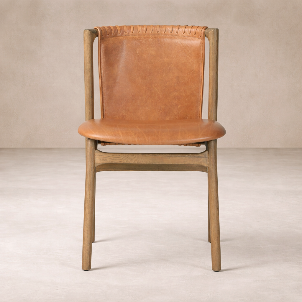 Front view of the Marbella Dining Chair, featuring a warm leather seat and rustic wooden frame.