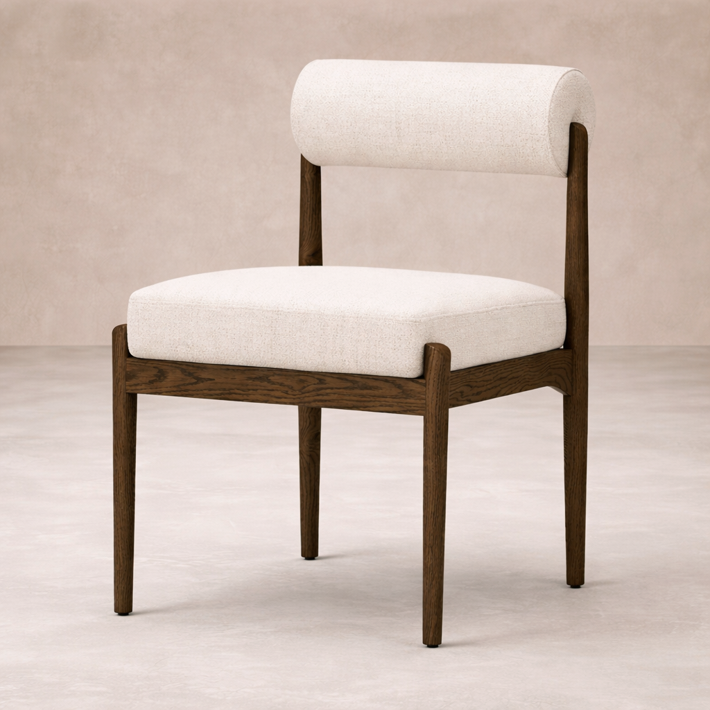 Front view of the Calista Dining Chair featuring a light fabric seat and rich wooden frame.