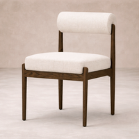 Front view of the Calista Dining Chair featuring a light fabric seat and rich wooden frame.