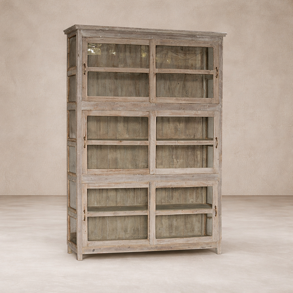 Front view of the Adorra Vintage Teak Library Cabinet, showcasing its rustic finish and glass doors.