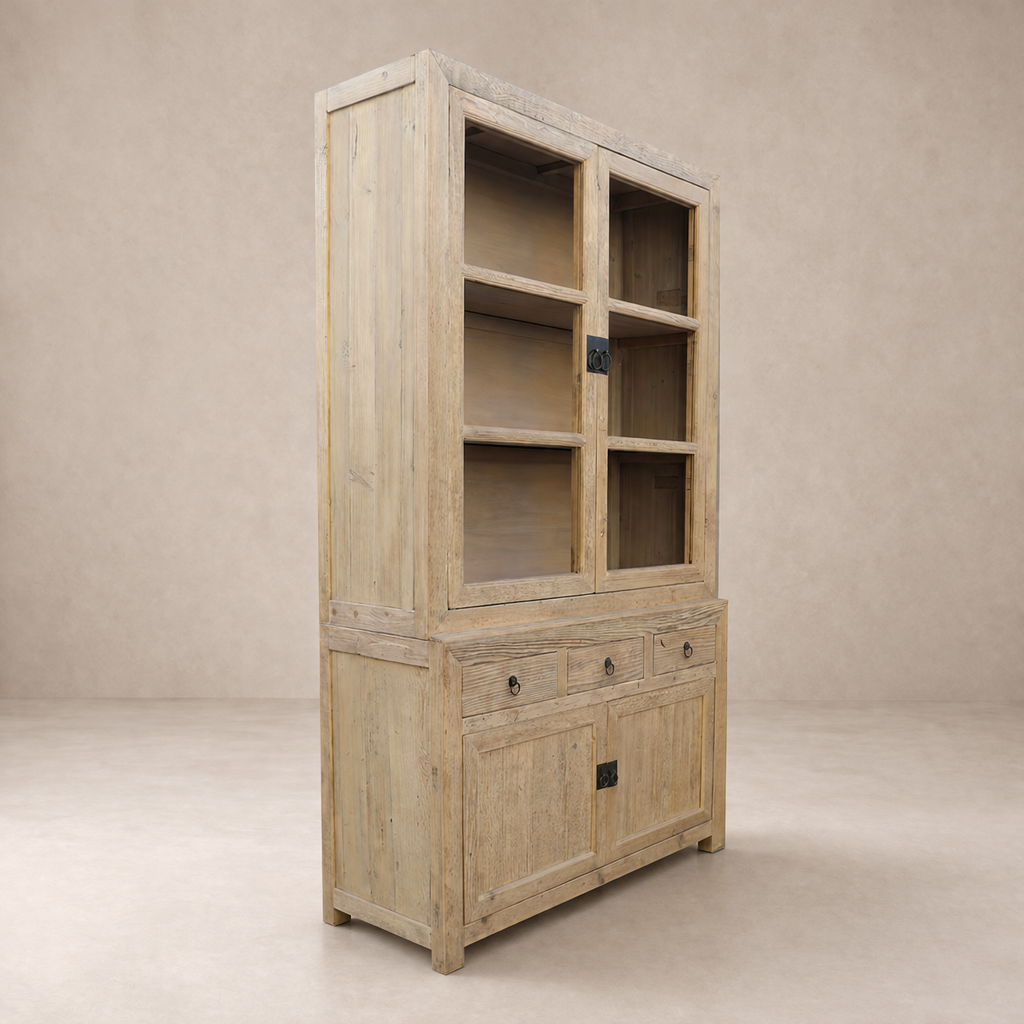 Three-quarter view of the Anda Vintage Elm Cabinet, showcasing its rustic finish and spacious storage options.