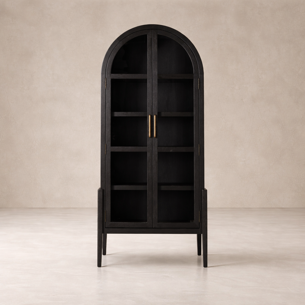 Front view of the Ember Display Cabinet featuring a sleek black finish and elegant gold hardware.