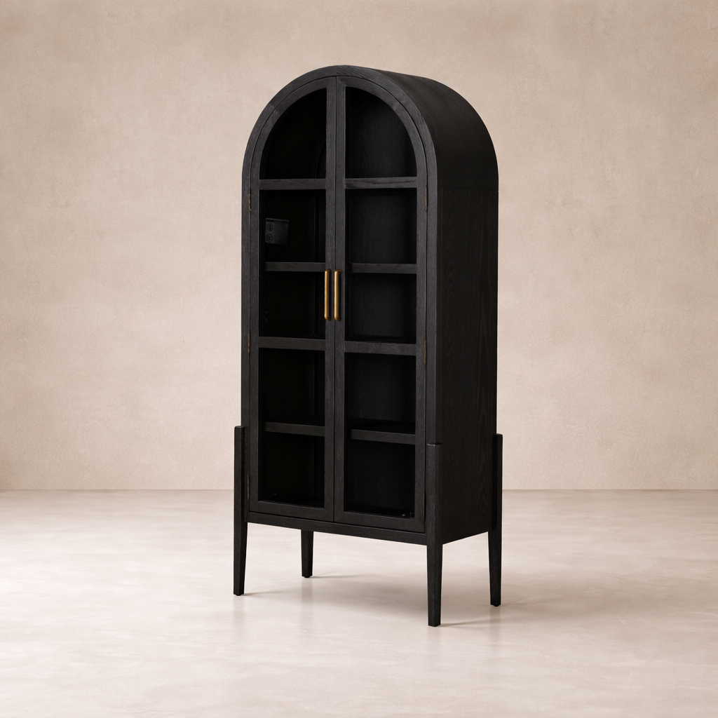 Front view of the Ember Display Cabinet featuring a sleek black finish and elegant gold hardware.