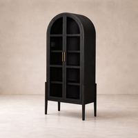 Front view of the Ember Display Cabinet featuring a sleek black finish and elegant gold hardware.