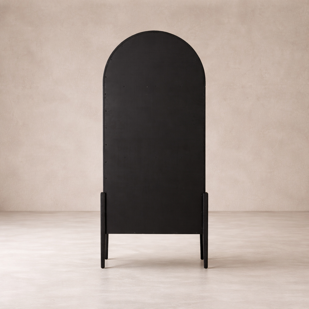 Back view of the Ember Display Cabinet showcasing its sleek, arched silhouette and minimalist design.