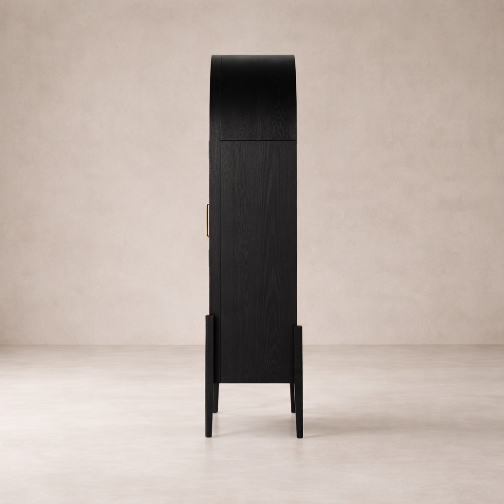Side view of the Ember Display Cabinet showcasing its sleek black finish and elegant curves.