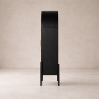 Side view of the Ember Display Cabinet showcasing its sleek black finish and elegant curves.