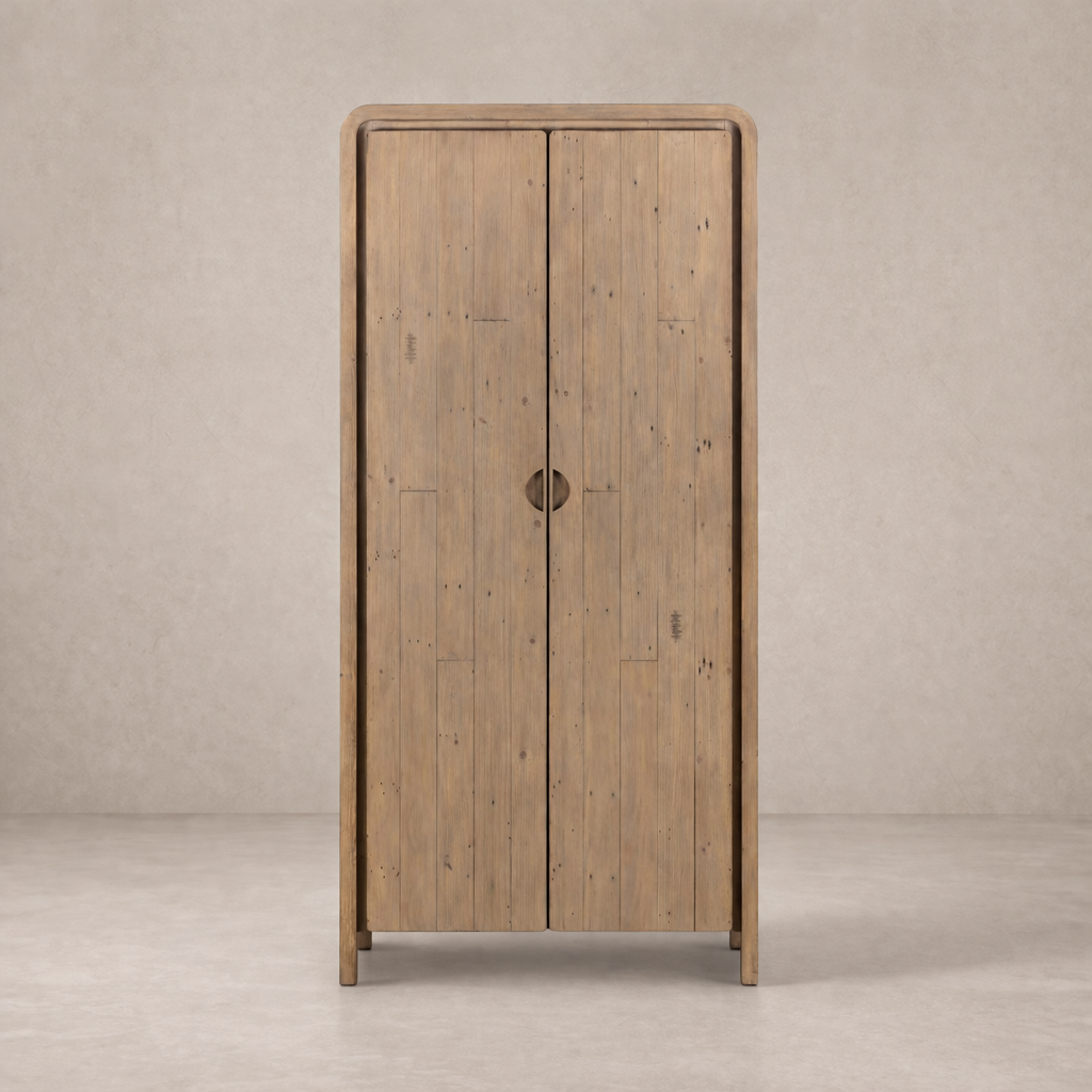 Front view of the Solana Cabinet showcasing its rustic wooden finish and simple round handle.