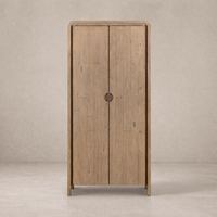 Front view of the Solana Cabinet showcasing its rustic wooden finish and simple round handle.