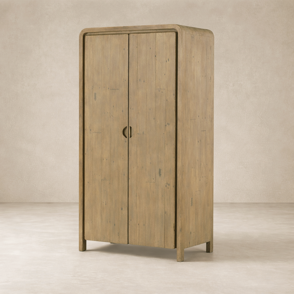 Front view of the Solana Cabinet in a natural wood finish, featuring rounded edges and simple hardware.