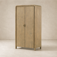 Front view of the Solana Cabinet in a natural wood finish, featuring rounded edges and simple hardware.