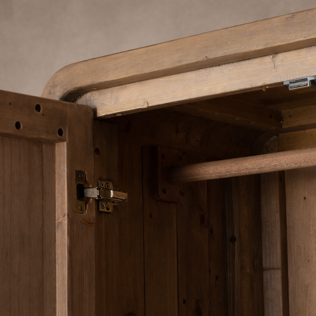Detail of the Solana Cabinet showcasing its wooden interior and sturdy hardware.