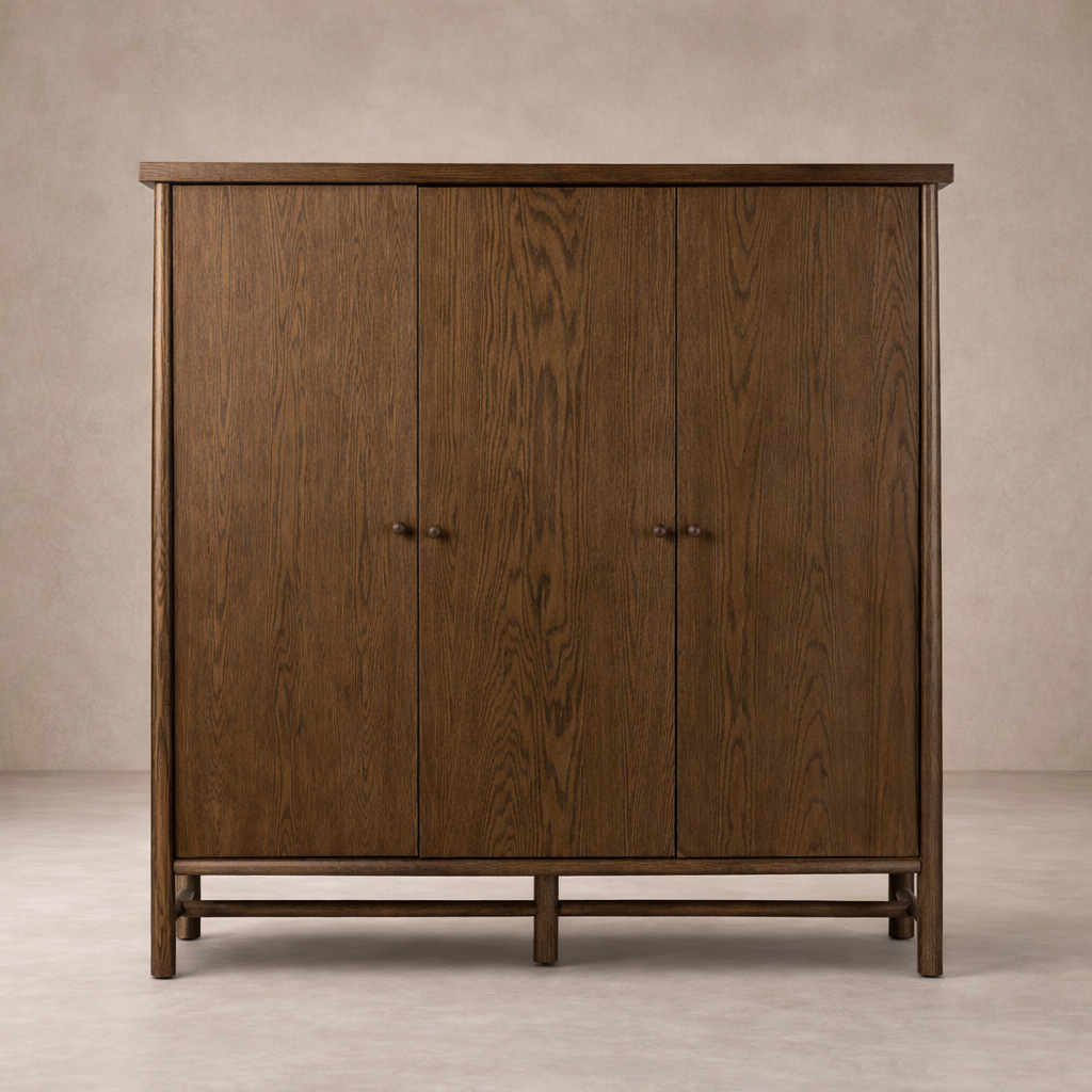 Front view of the Elowen Cabinet in rich brown oak, featuring sleek lines and simple hardware.