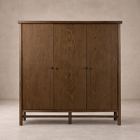 Front view of the Elowen Cabinet in rich brown oak, featuring sleek lines and simple hardware.