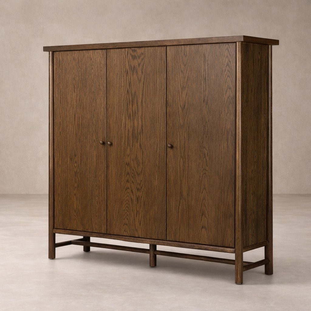 Front view of the Elowen Cabinet in rich oak finish, featuring sleek lines and minimalist hardware.