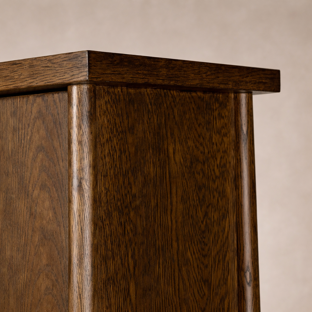 Detail of the Elowen Cabinet showcasing its rich wood grain and smooth, sturdy finish.