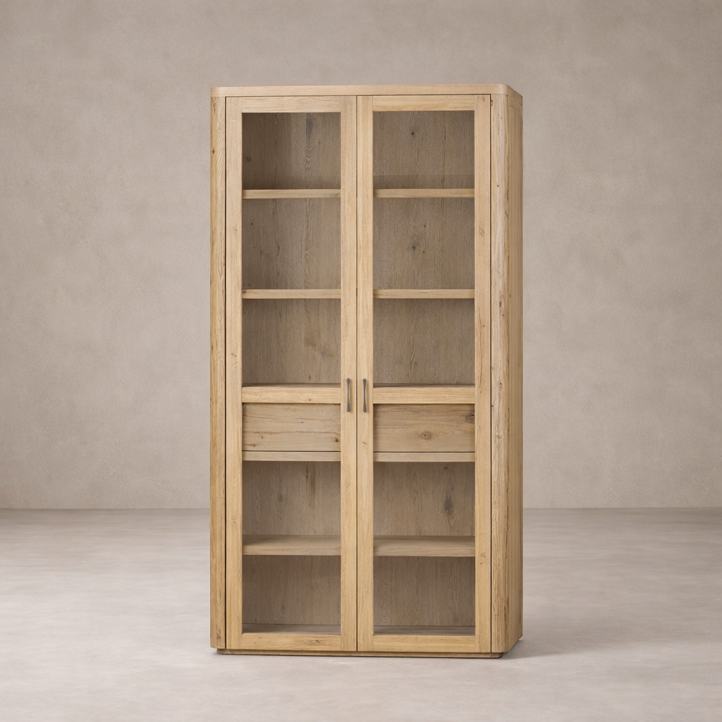 Front view of the Arcadia Cabinet in natural wood finish, featuring glass doors and spacious shelves.