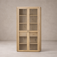 Front view of the Arcadia Cabinet in natural wood finish, featuring glass doors and spacious shelves.