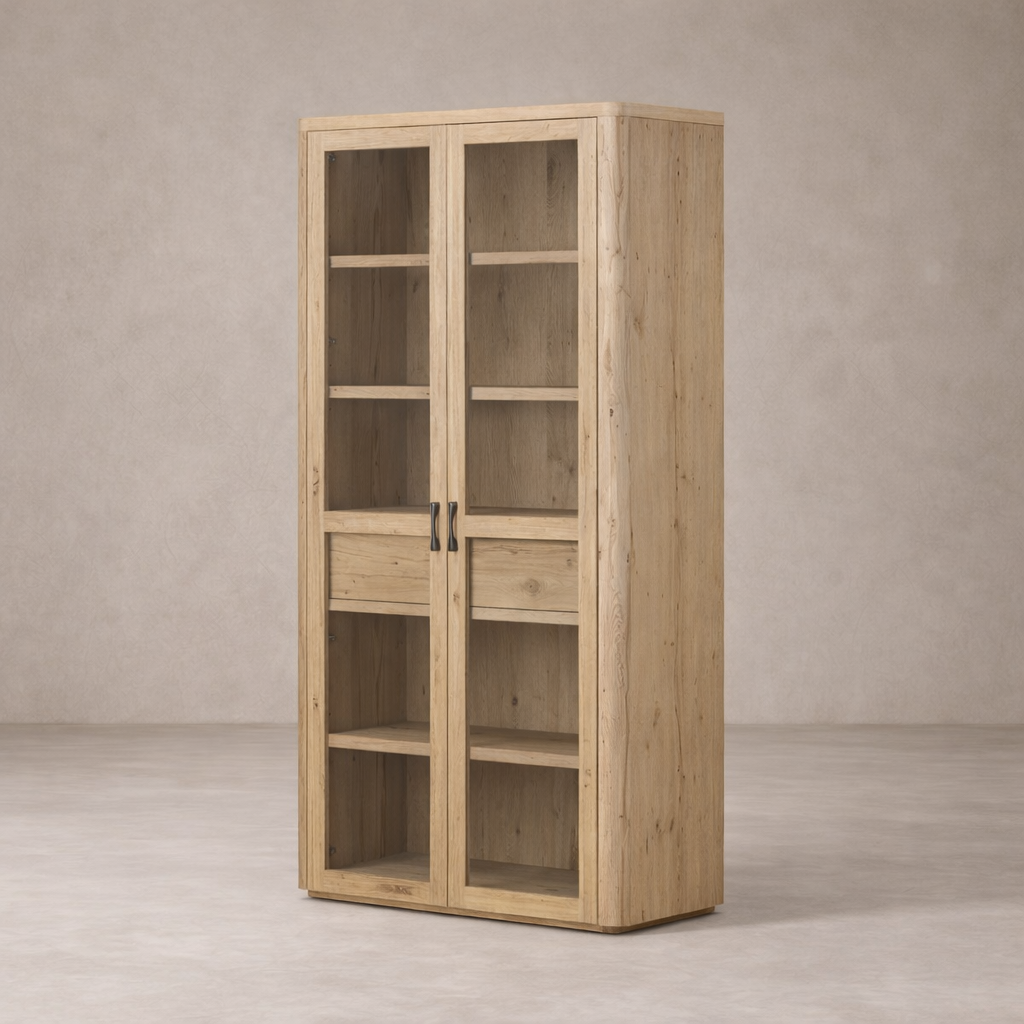 Front view of the Arcadia Cabinet in natural wood finish, featuring glass doors and ample storage space.