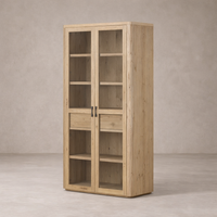 Front view of the Arcadia Cabinet in natural wood finish, featuring glass doors and ample storage space.