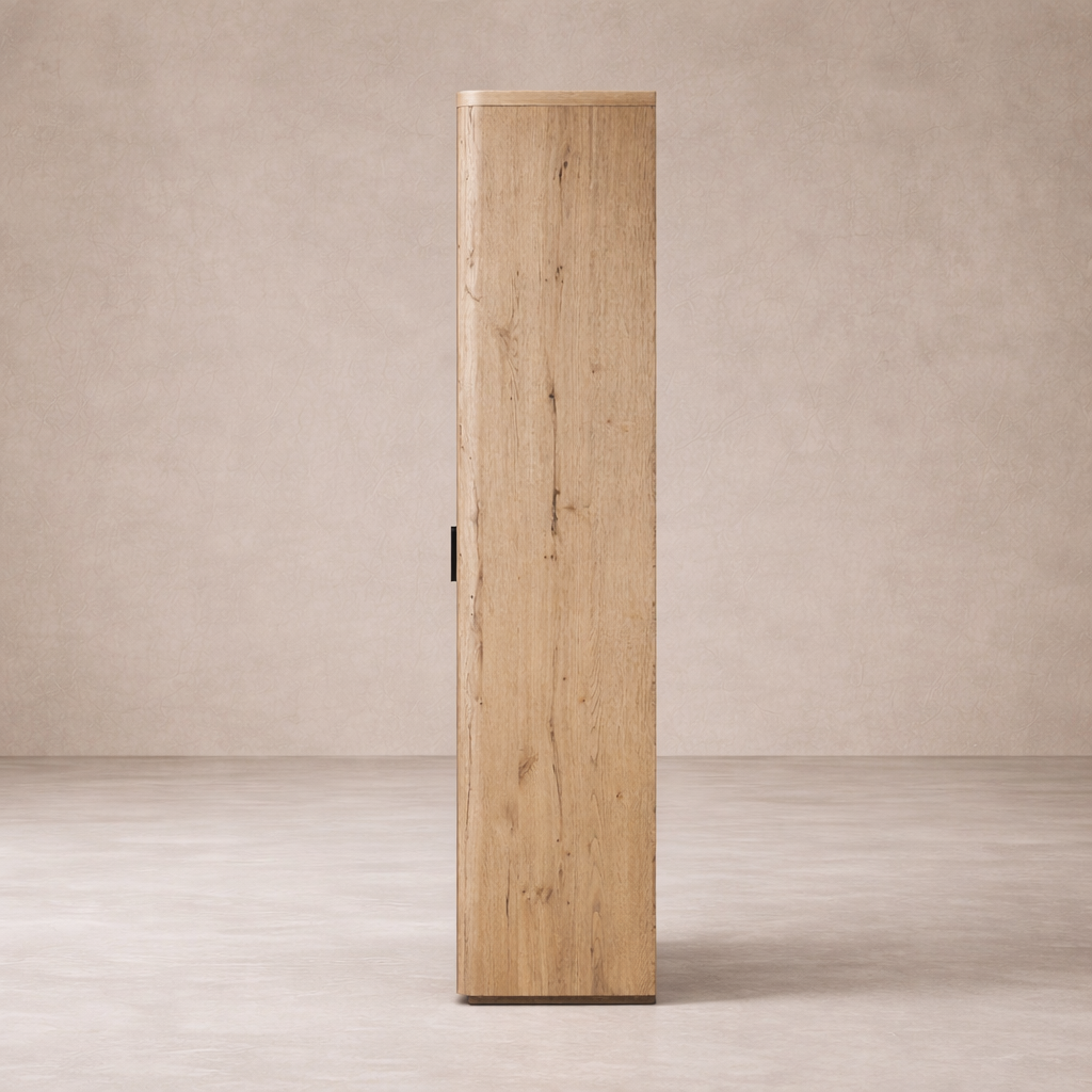 Side view of the Arcadia Cabinet in natural wood finish, showcasing its sleek, minimalist design.